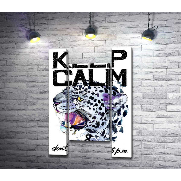 Хищный леопард среди надписи "keep calm and don't eat after 6 p.m."