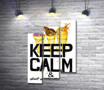 Модульна картина "Кольорові зайці в рожках морозива над написом "keep calm and don't eat after 6 p.m.""