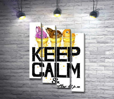 Модульная картина "Цветные зайцы в рожках мороженого над надписью "keep calm and don't eat after 6 p.m.""