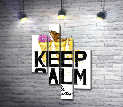 Модульная картина "Цветные зайцы в рожках мороженого над надписью "keep calm and don't eat after 6 p.m.""