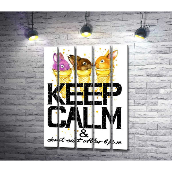 Цветные зайцы в рожках мороженого над надписью "keep calm and don't eat after 6 p.m."