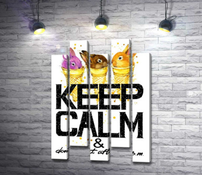 Модульная картина "Цветные зайцы в рожках мороженого над надписью "keep calm and don't eat after 6 p.m.""