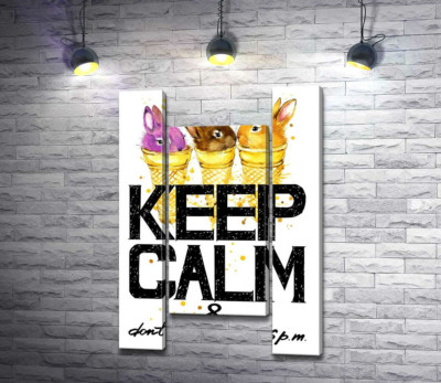 Модульная картина "Цветные зайцы в рожках мороженого над надписью "keep calm and don't eat after 6 p.m.""