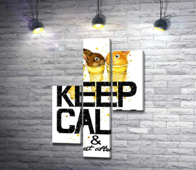 Модульная картина "Цветные зайцы в рожках мороженого над надписью "keep calm and don't eat after 6 p.m.""