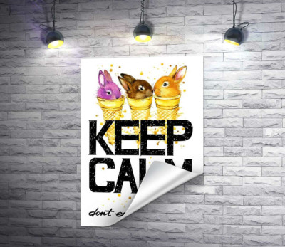 Кольорові зайці в рожках морозива над написом "keep calm and don't eat after 6 p.m."