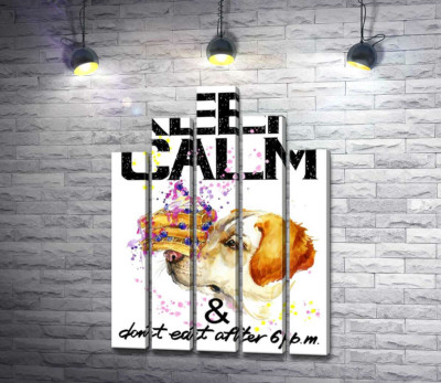 Модульная картина "Черничный торт на носу у собаки среди надписи "keep calm and don't eat after 6 p.m.""