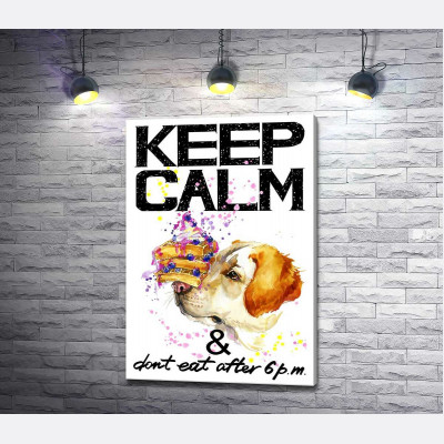 Черничный торт на носу у собаки среди надписи "keep calm and don't eat after 6 p.m."