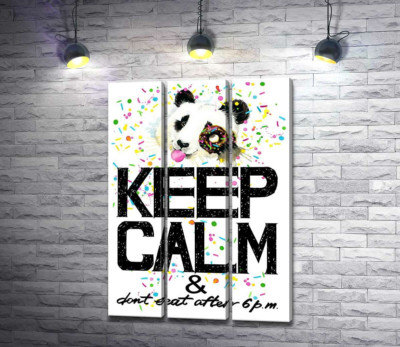 Панда с мягким донатсом над надписью "keep calm and don't eat after 6 p.m."