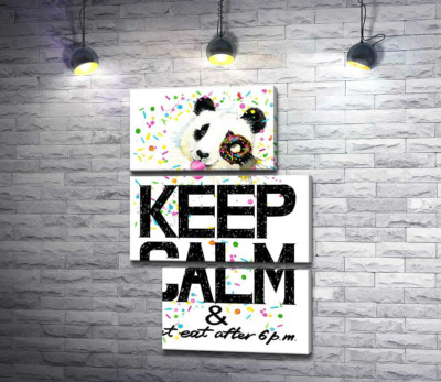 Панда с мягким донатсом над надписью "keep calm and don't eat after 6 p.m."