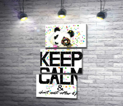 Модульная картина "Панда с мягким донатсом над надписью "keep calm and don't eat after 6 p.m.""