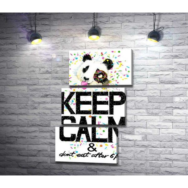 Панда с мягким донатсом над надписью "keep calm and don't eat after 6 p.m."