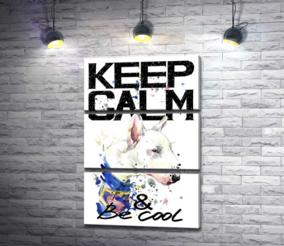 Профиль бультерьера среди надписи "keep calm and be cool"
