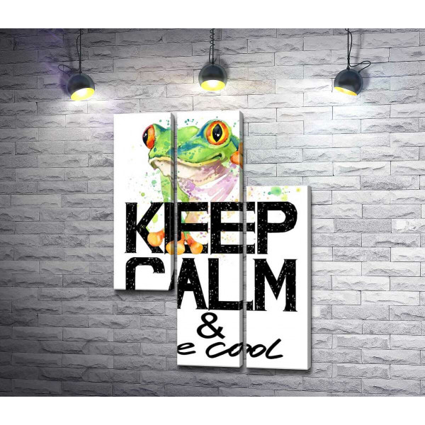 Деревна жаба за написом "keep calm and be cool"