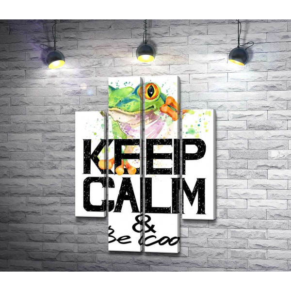 Древесная лягушка за надписью "keep calm and be cool"