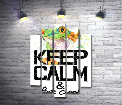 Деревна жаба за написом "keep calm and be cool"