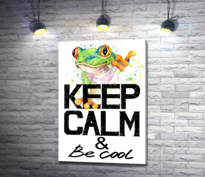 Деревна жаба за написом "keep calm and be cool"