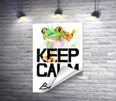 Древесная лягушка за надписью "keep calm and be cool"