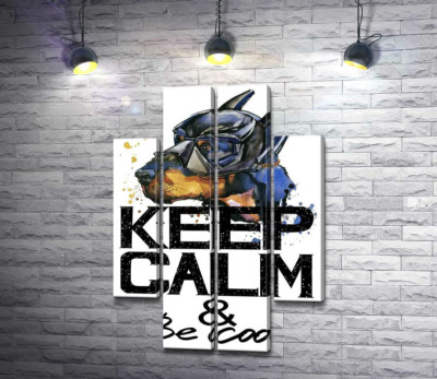 Модульная картина "Доберман в маске Бэтмена среди надписи "keep calm and be cool""