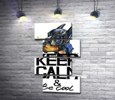 Модульная картина "Доберман в маске Бэтмена среди надписи "keep calm and be cool""