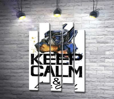 Модульная картина "Доберман в маске Бэтмена среди надписи "keep calm and be cool""