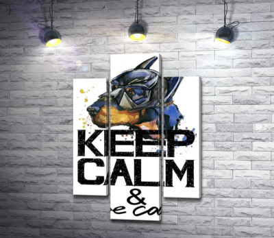 Доберман в масці Бетмена серед напису "keep calm and be cool"