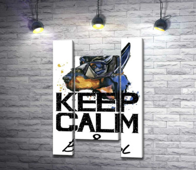Доберман в масці Бетмена серед напису "keep calm and be cool"
