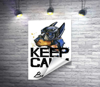 Доберман в масці Бетмена серед напису "keep calm and be cool"