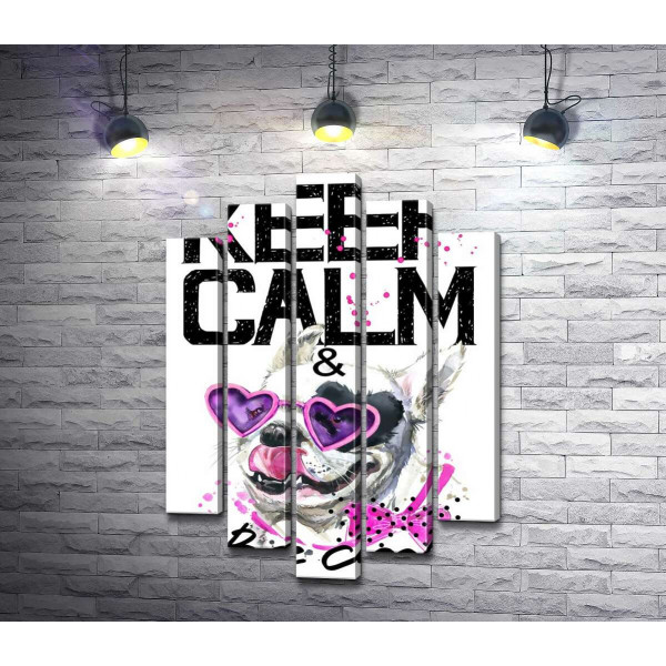 Веселый бульдог в розовых очках и бантике среди надписи "keep calm and be cool"