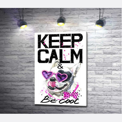 Веселий бульдог в рожевих окулярах та бантику серед напису "keep calm and be cool"