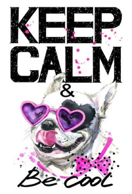 Веселый бульдог в розовых очках и бантике среди надписи "keep calm and be cool"