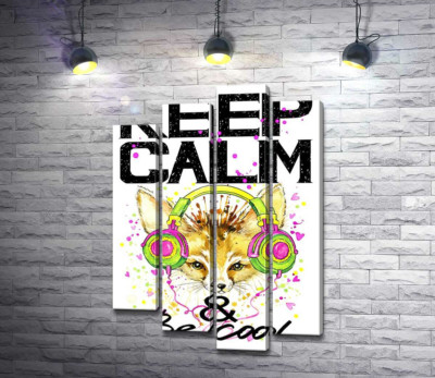 Модульная картина "Лиса фенек в наушниках среди надписи "keep calm and be cool""