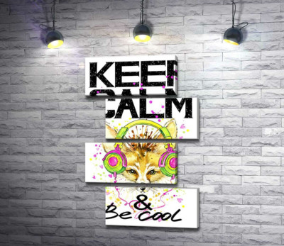 Модульная картина "Лиса фенек в наушниках среди надписи "keep calm and be cool""