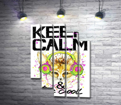 Лисиця фенек в навушниках серед напису "keep calm and be cool"