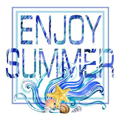 Блакитна рамка з морськими хвилями та мушлями оточила напис "enjoy summer"