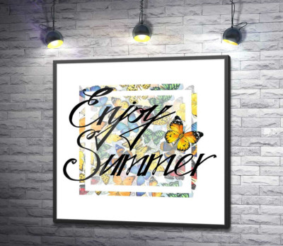 Постер "Изысканная надпись "enjoy summer" на фоне бабочек"