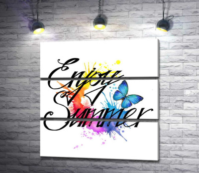 Модульна картина "Блакитний метелик літає серед напису "enjoy summer""