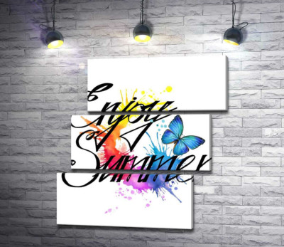 Модульная картина "Голубая бабочка летает среди надписи "enjoy summer""