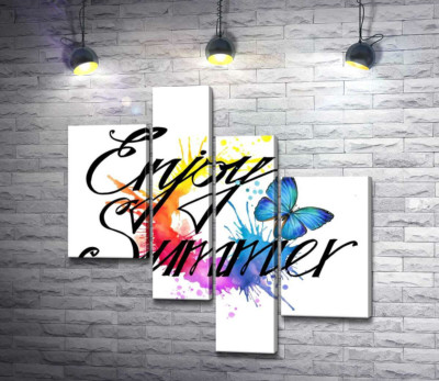 Модульная картина "Голубая бабочка летает среди надписи "enjoy summer""