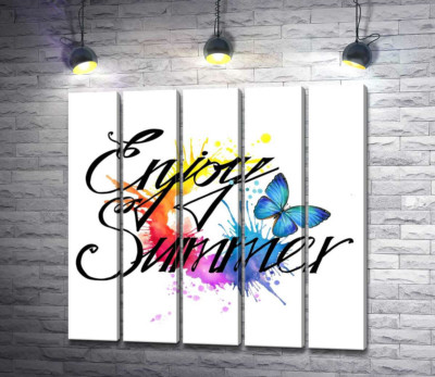 Модульна картина "Блакитний метелик літає серед напису "enjoy summer""