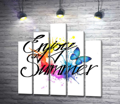 Модульная картина "Голубая бабочка летает среди надписи "enjoy summer""