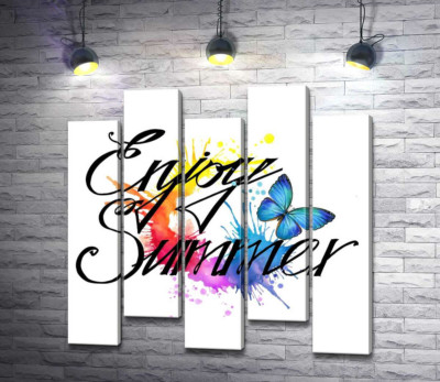 Модульна картина "Блакитний метелик літає серед напису "enjoy summer""