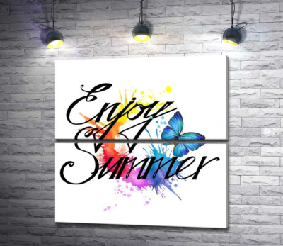 Модульная картина "Голубая бабочка летает среди надписи "enjoy summer""