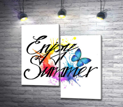 Модульна картина "Блакитний метелик літає серед напису "enjoy summer""
