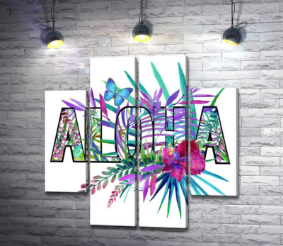 Модульна картина "Блакитні відтінки тропічного листя в написі " aloha""