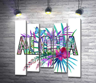 Модульна картина "Блакитні відтінки тропічного листя в написі " aloha""