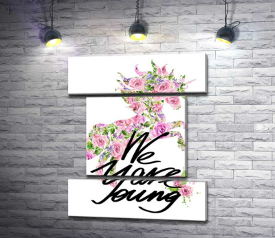 Модульная картина "Цветочный силуэт единорога за надписью "we are young""