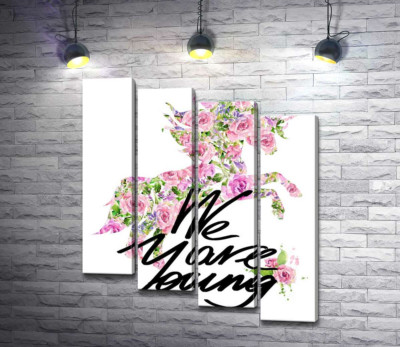 Модульная картина "Цветочный силуэт единорога за надписью "we are young""