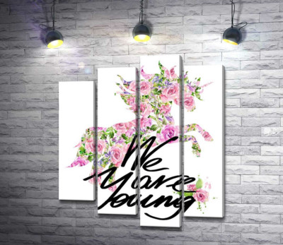 Модульна картина "Квітковий силует єдинорога за написом "we are young""