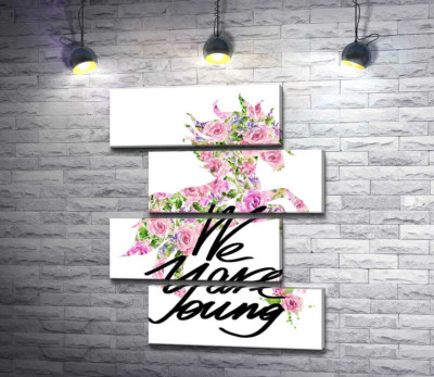 Модульная картина "Цветочный силуэт единорога за надписью "we are young""