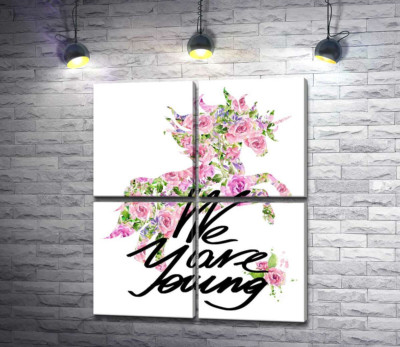 Квітковий силует єдинорога за написом "we are young"